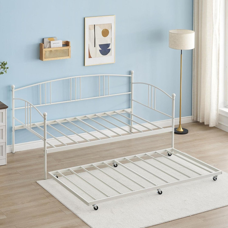 Twin Daybed with Trundle, Metal Twin Size Sofa Bed with Pullout Trundle on Casters for Bedroom & Living Room, White