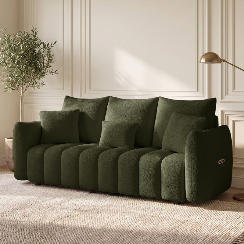  81" Teddy Fleece Upholstered Sofa with 3 Matching Pillows, Green