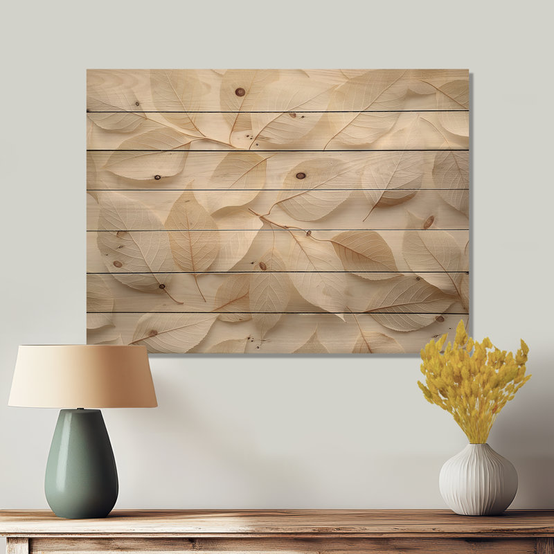 Ivory Leaves Foliage Collage III - Leaves Wood Wall Decor - On Natural Pine Wood, 10" H x 20" W