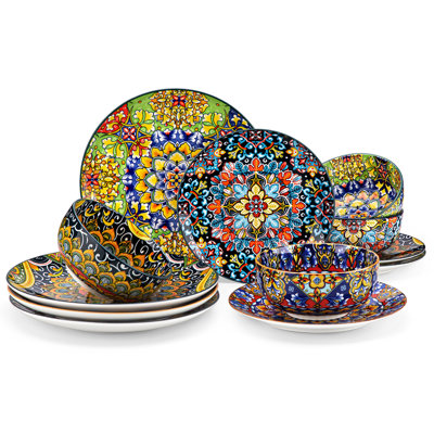 12 Pieces Porcelain Dinnerware Set, Multicolour Set, Dinner Plate, Dessert Plate And Bowl Set For 4 Person, Polychrome, Ceramic Stamping In Bohemian Style