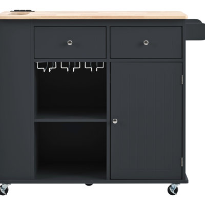 Black Kitchen Island With Power Outlet And Folding Leaf. Ample Storage Space, Wine Holder. Easy To Move Wheels Electrical Input & Rack, Side Shelf, 5-wheeled For Practical Use