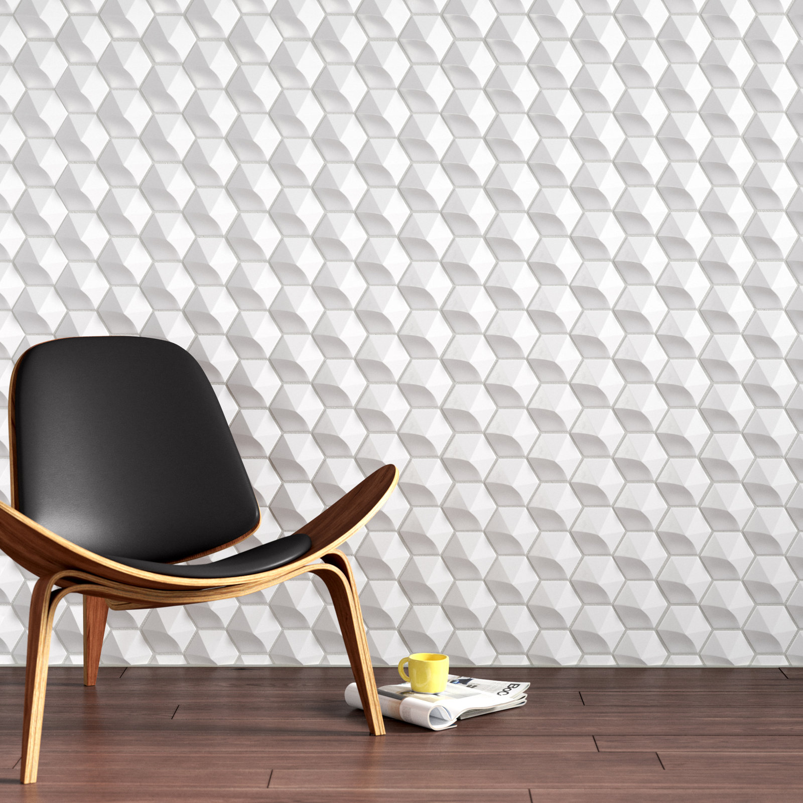 Hedron 4" x 5" Straight Edge Ceramic Singular Wall Tile, Bright White Pearl