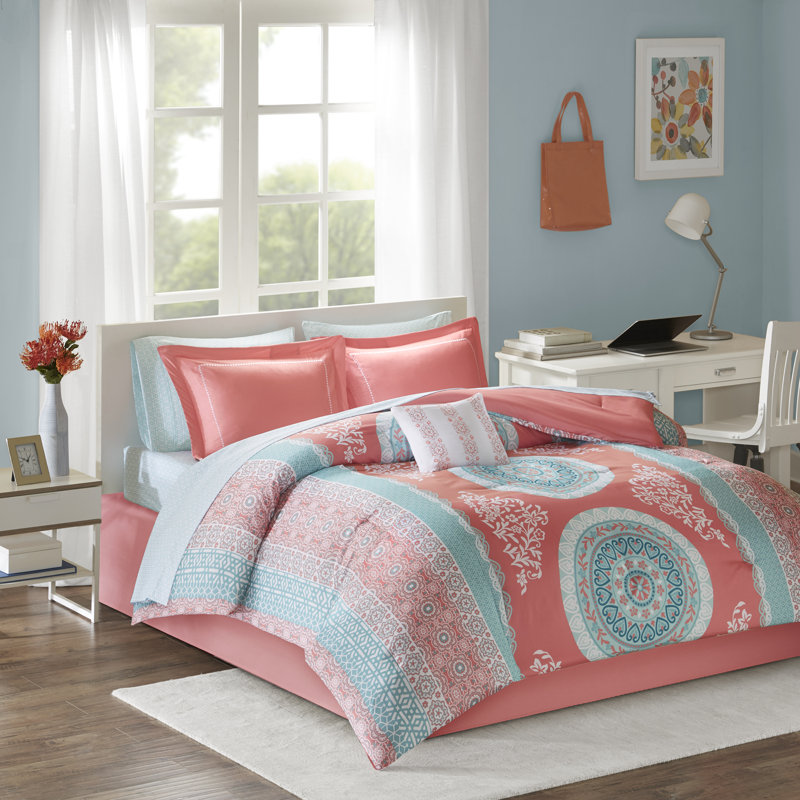 Coral and Aqua Bohemian Queen Microfiber Bed in a Bag Set