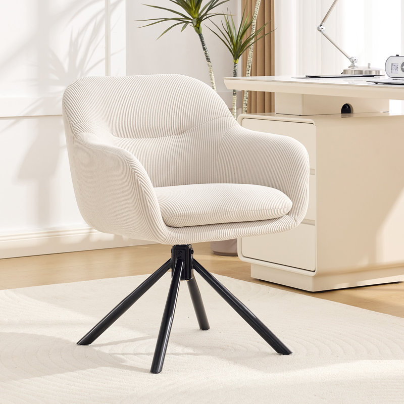 Modern Swivel Upholstered Home Office Task Chair With Solid Metal Base, Beige
