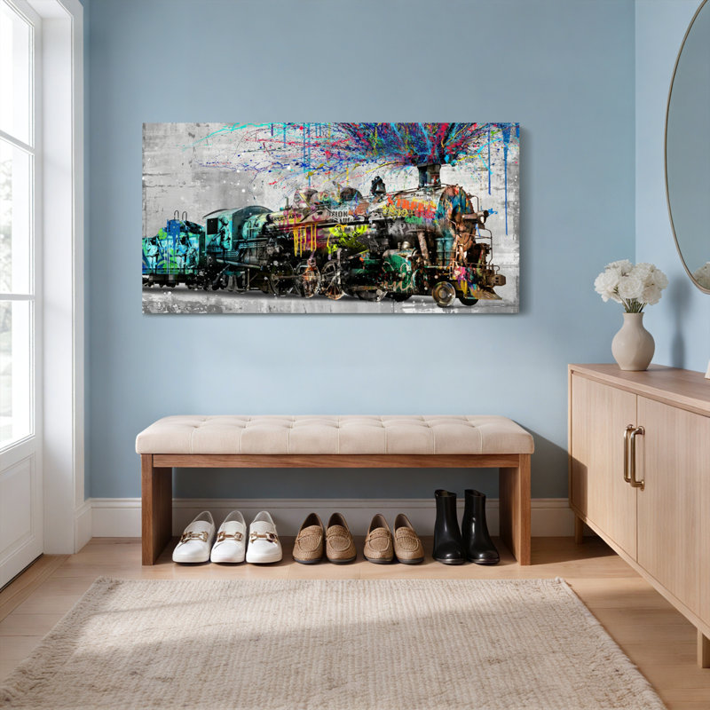 Ensemble de 1 tableau sur toile imprimée représentant un train au style graffiti coloré, H 12 po x l 36 po