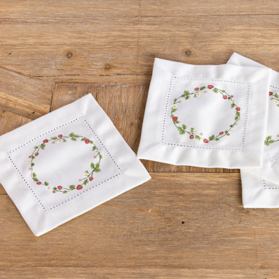  Cotton Hemstitched Berry Wreath Cocktail Napkins Home Decorations Spring