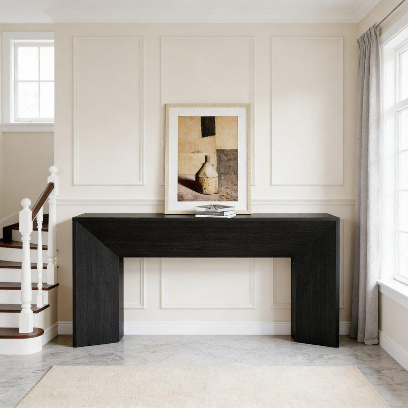 Console 63 po en bois noir, canapé de ferme moderne et table de hall d'entrée
