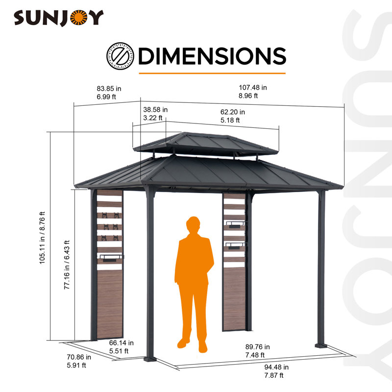 Matte Black 7 x 9 ft. 2-Tier Hardtop Grill Gazebo with Storage Shelves