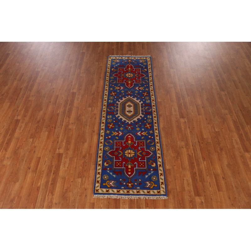 Tapis de couloir indien bleu à motif géométrique traditionnel 2x8