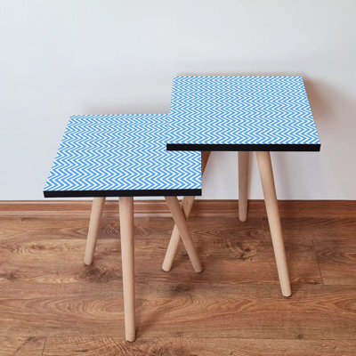Modern Chevron Nesting Table Set (2 Pieces), Blue & White, 13.8 x 18.5 x 13.8 inches & 13.8 x 16.5 x 13.8 inches | 100% MDF with Beech Wood Legs, Stylish Design for Living Room & Home Office, Durable & Elegant