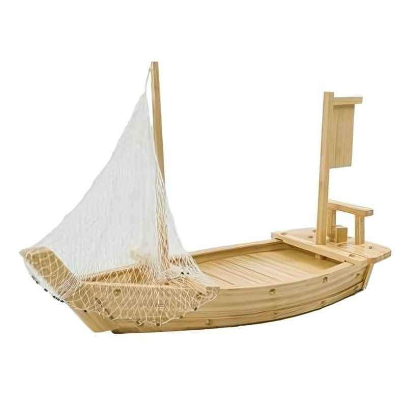 Plateau de service en bois pour bateau à sushi japonais en bois avec filet de pêche, H 10 po x L 16 po x P 8 po