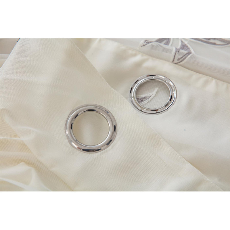 Zapata Leaf Embroidered Voile Ring Top Curtains Pair, Silver, 147cm Width x 137cm Drop