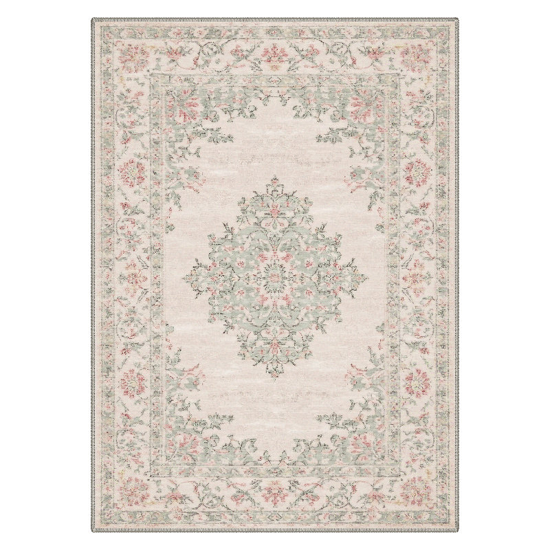Airville Vintage Medallion French Country Sage Area Rug, & Traditional Elegance, Machine Washable, Inspired Faux Wool - High-Rebound Foam & Non-Slip Backing