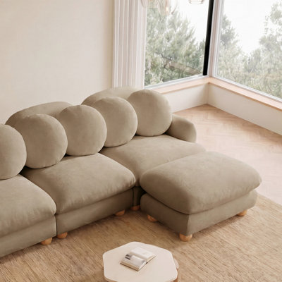 Comfy  Chenille Loveseat Sofa, 4 Seater Deep Seat Couch with 4 Throw Pillows,Movable Ottoman,Solid Wood Frame for Living Room, Bedroom