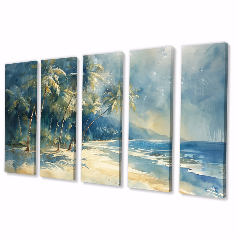 «Blue Green Palm Trees Coastal Breeze III», ensemble de reproduction d'art mural palmiers et palmiers, H 32 po x l 80 po