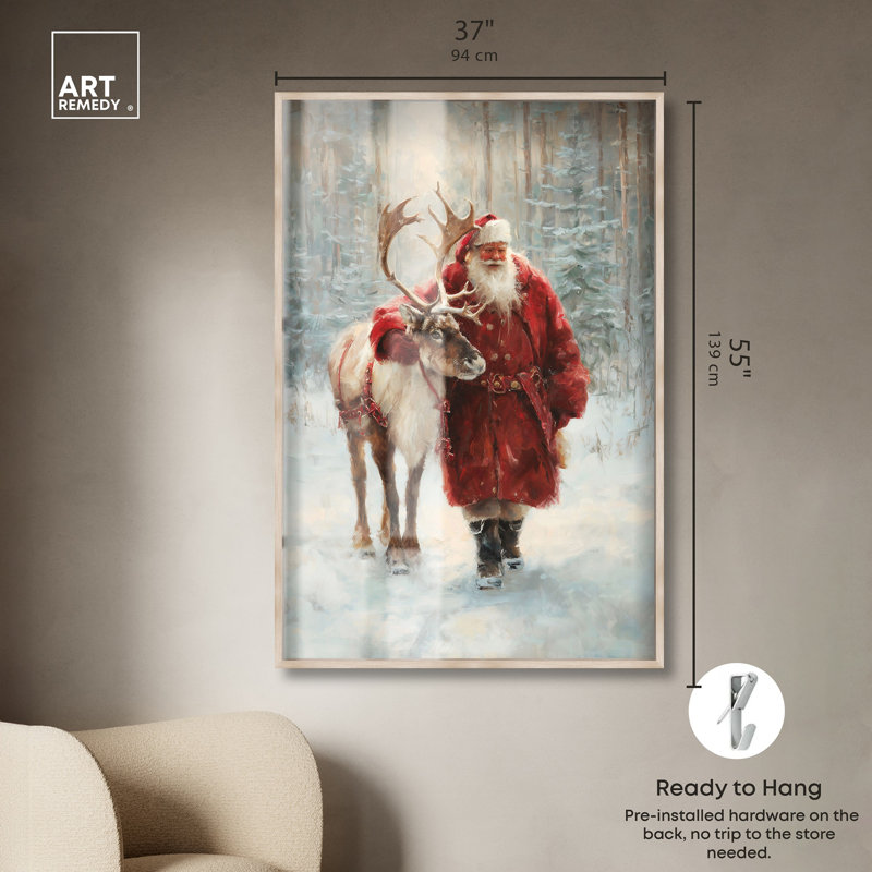 Décoration de Noël «Santa and His Reindeer Shadowbox» par Art Remedy, cadre noir, 11 x 16, H 55 po x l 37 po, Cadre blond