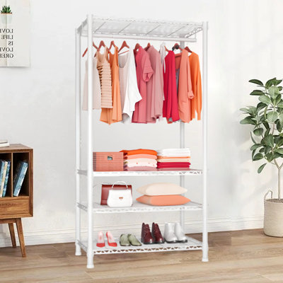 Freestanding Clothing Rack, Portable Closet Wardrobe With 3 Adjustable Wire Shelves And 1 Clothe Rod For Hanging Clothes
