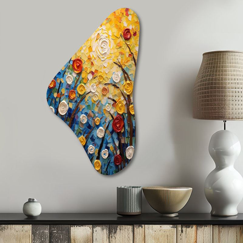 Été fleur champ de coquelicots et renoncules I - fleurs en forme de Boomerang, art mural asymétrique en métal
