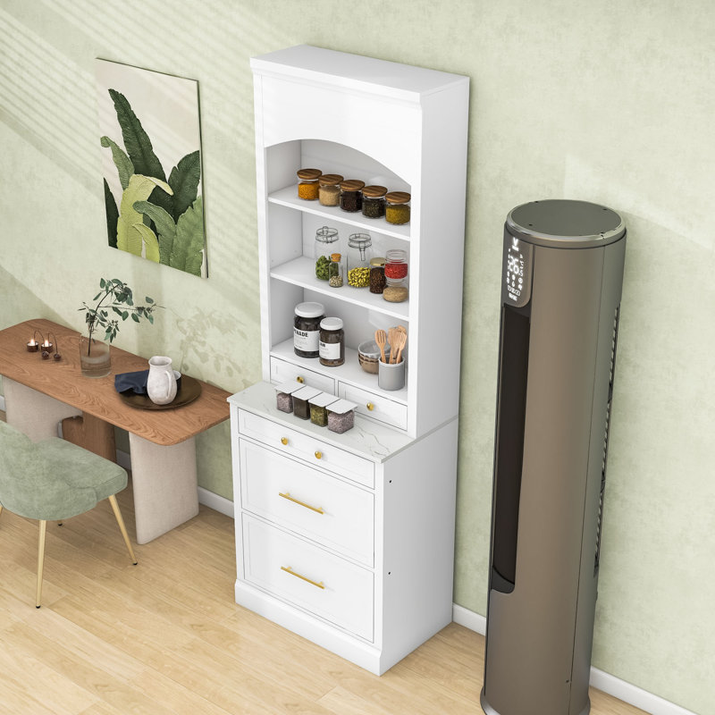 Freestanding Tall Kitchen Pantry with Storage Drawers and Adjustable Shelves, White, Gold