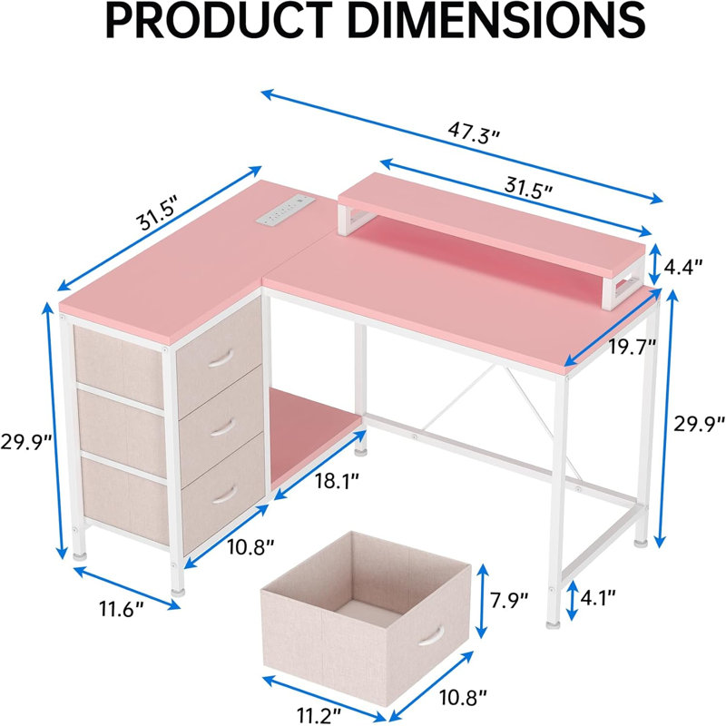 Bureau d'ordinateur en L avec prises de courant et lumières DEL, bureau d'angle pour bureau à domicile avec tiroirs et tablettes de rangement, rose