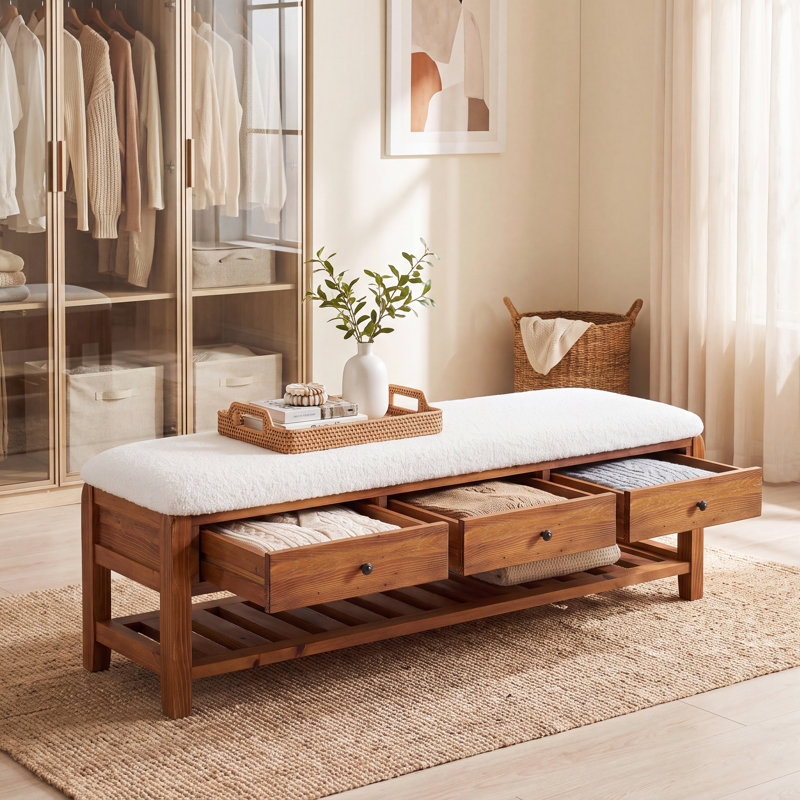Banc de 55 po en bois massif avec tiroirs, étagère à coussins et à chaussures, banc à chaussures rembourré, banc de rangement de ferme pour vestibule, chambre à coucher, vestibule