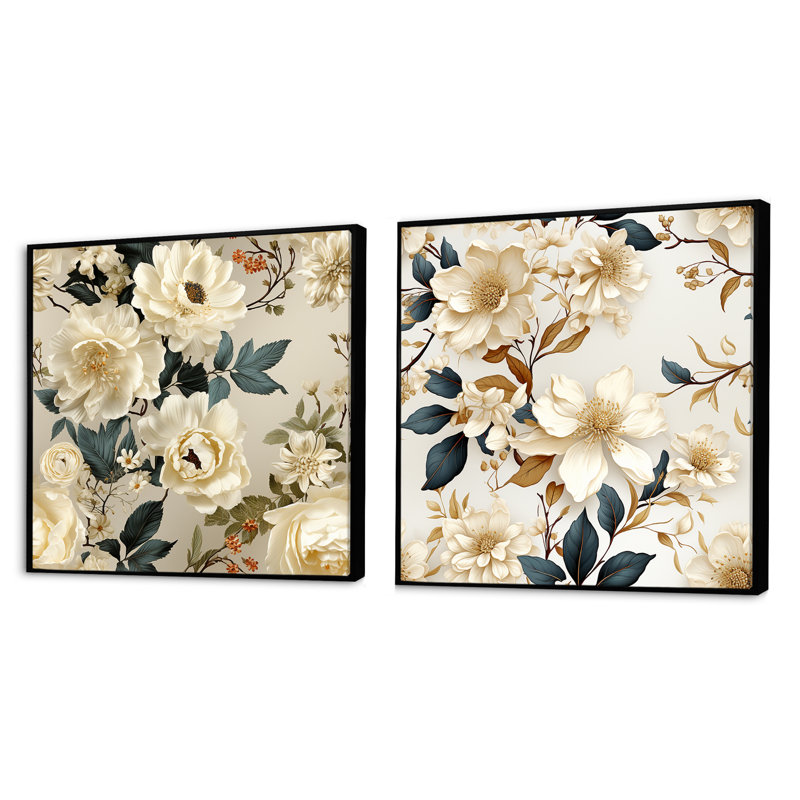 Anjou délicat d'inspiration botanique - ensemble de collage carré floral de 2, Cadre flottant noir, H 30 po x l 61 po
