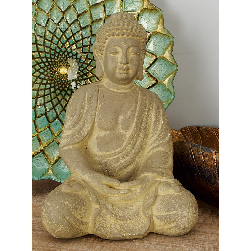 Ceramic Meditating Buddha Decorative Sculpture with Engraved Carvings and Relief Detailing, 12" H x 7" W x 8" D, Beige