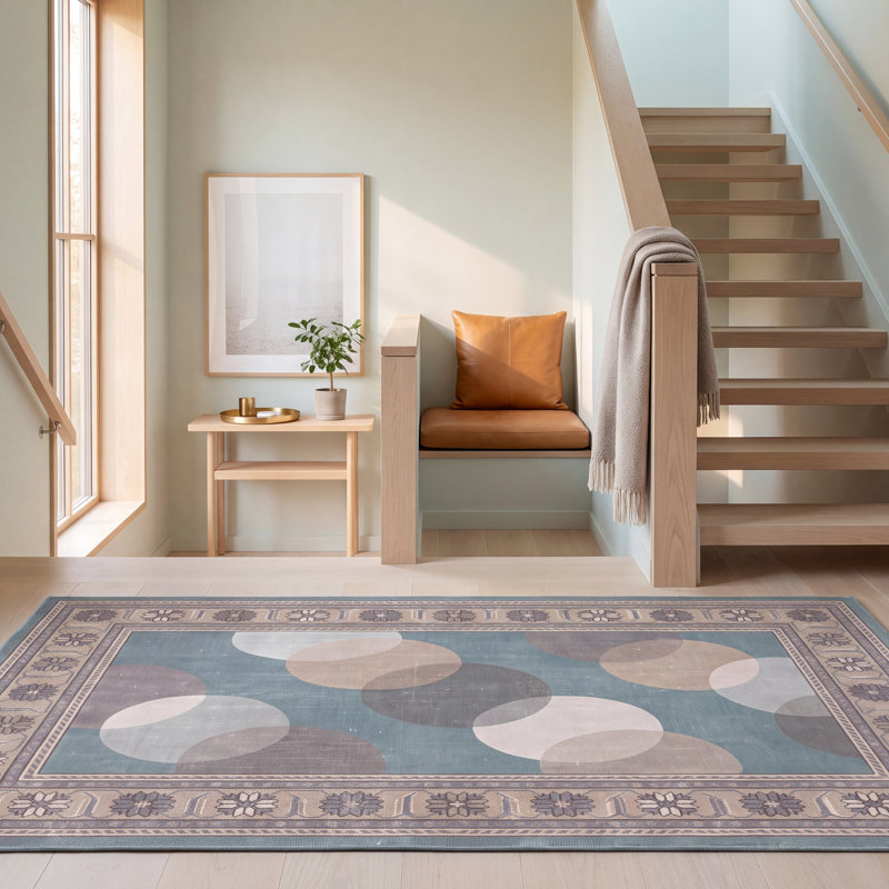 Tapis Hawthorn moderne géométrique bleu sarcelle en polyester lavable, 6 pi 7 po x 6 pi 11 po