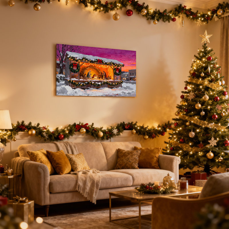 Crèche de Noël avec neige et lumières, ensemble de 3 impressions sur toile, H 16 po x l 24 po