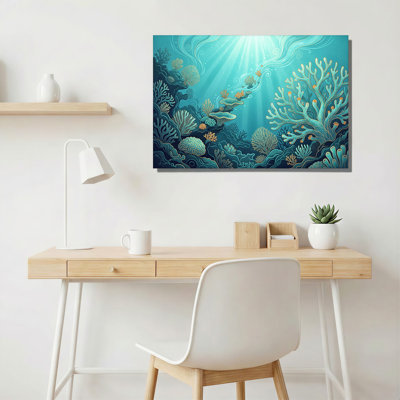 Art mural sur toile bleu sarcelle et récif de corail avec rayons de soleil