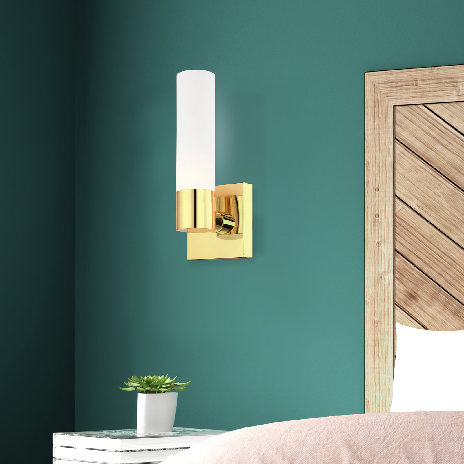 Fulton Single Light Glass Dimmable Armed Sconce, Polished Brass