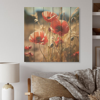 «Red Whispers Of Poppies Dream» - Art sur bois de coquelicots sur bois de pin naturel