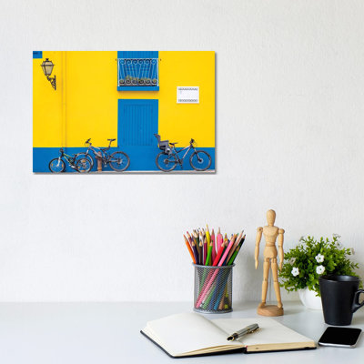 Yellow House With Blue Shutters, Windows And Doors, Aveiro, Portugal 1 Piece Wrapped Canvas Wall Art