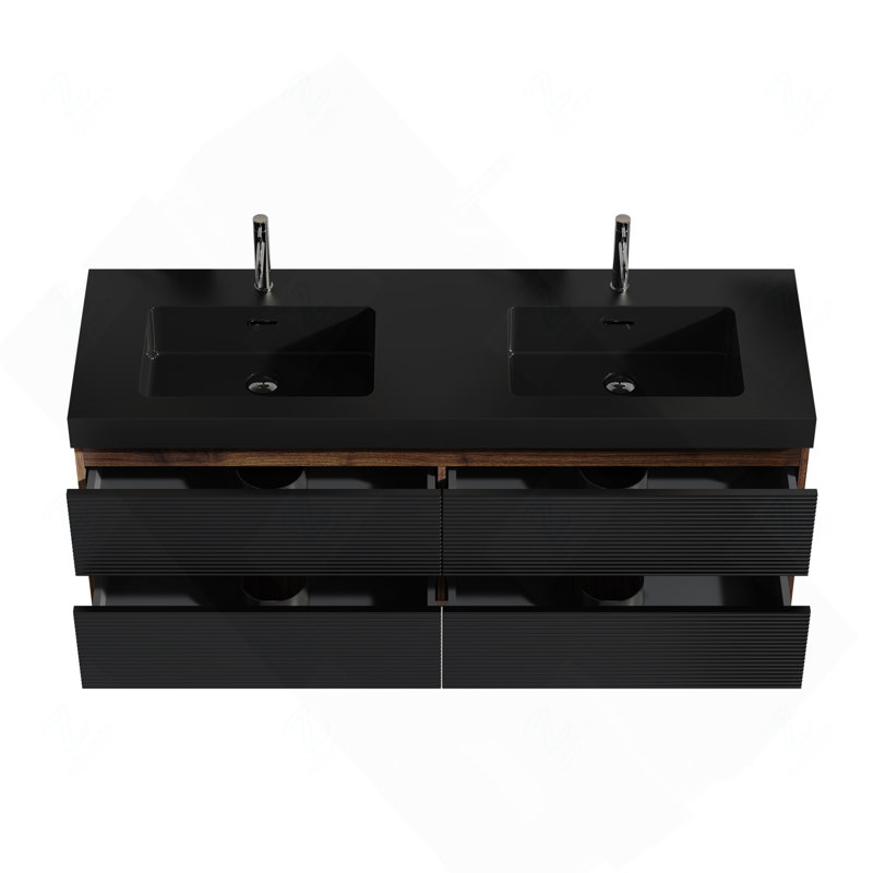 Meuble-lavabo 60 po en noyer avec lavabo en quartz noir mat et tiroirs noirs doux, meuble-lavabo mural flottant, sans drain ni robinet, pré-assemblé