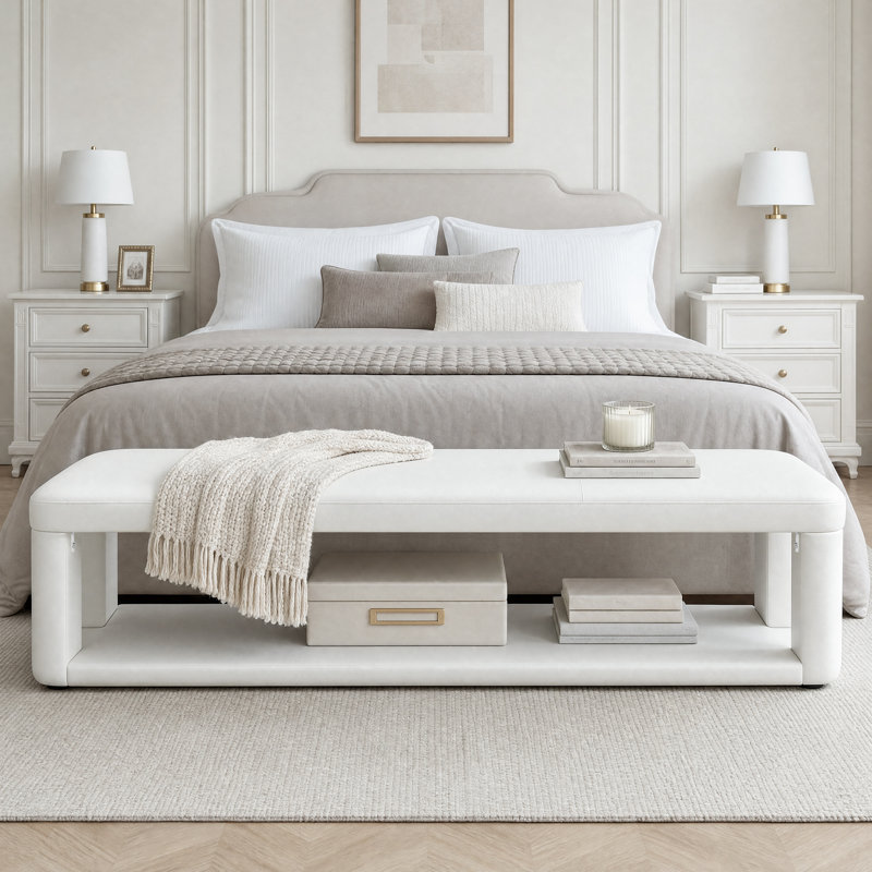 Modern Upholstered Entryway Bench with Storage Shelf, End of Bed Bench for Bedroom