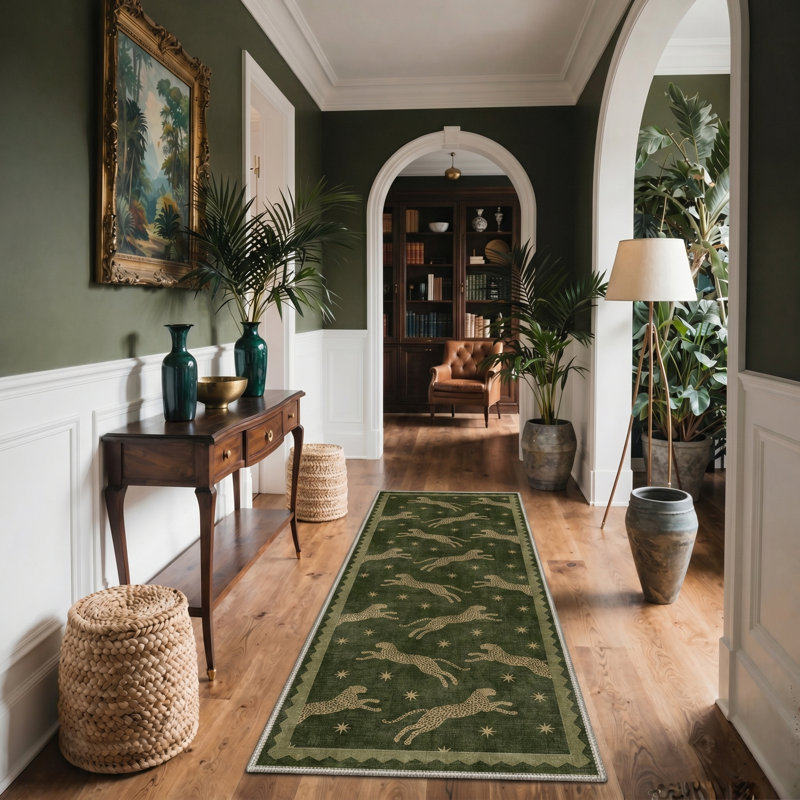 Cheetah Collection Animal Print Machine Washable Green / Beige Indoor Area Rug with Non-Slip Backing, Runner 2' x 6'