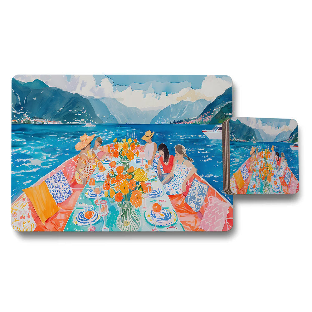 Vibrant Ocean Dining Placemats And Coasters Set With Floral Centerpiece