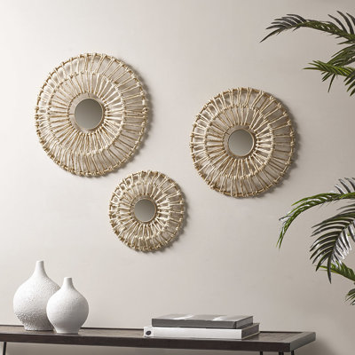 Décoration murale 3 ronds en fibre naturelle et miroir