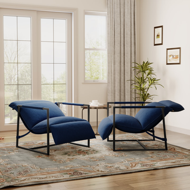 Upholstered Modern Metal Framed Blue Polyester Blend Sling Accent Chair, Blue Polyester Blend
