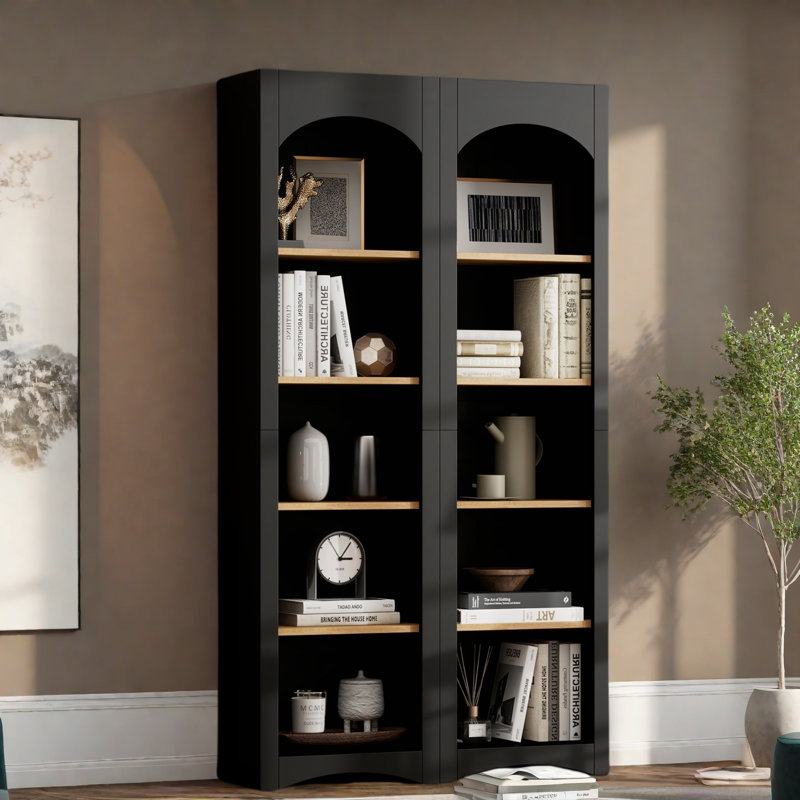 Farmhouse 72"Tall 5 Tier Bookshelves With Adjustable Shelves, Bookcases Storage Cabinet Set Of 2, Black