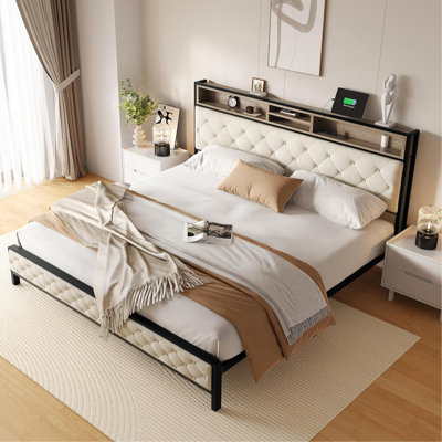 Très grande base de lit, base de lit plateforme avec station de charge, tête de lit et pied de lit rembourrés avec lattes de support en métal, sommier non requis, beige (sans tiroirs)