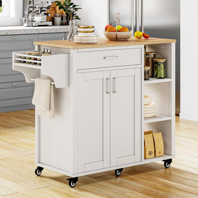 Chariot pour îlot de cuisine roulant de 37 pouces avec plateau de boucher, chariot de rangement mobile avec tablettes réglables, support à épices et tiroir, blanc