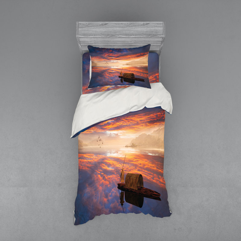Ensemble de housse de couette rustique en microfibre bleu marine / orange, Housse de couette simple TG + 2 articles suppléme