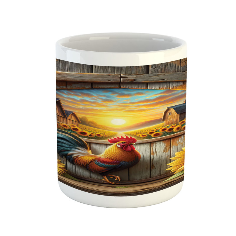 Ebern Designs Rustic Ceramic Coffee Mug Sunset Rooster Sunflowers 11 oz Earth Yellow and Caramel