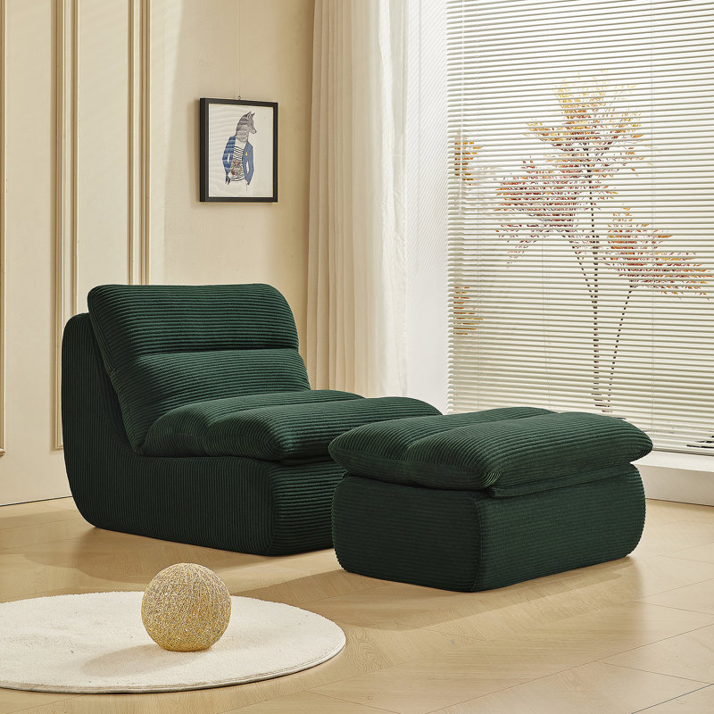 Boneless Modern Compressed Lounge Chair With Ottoman, Cozy Corduroy Recliner For Small Spaces, Living Room, Or Bedroom, Green