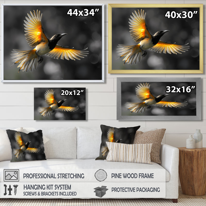 Jaune jaune, noir, rythme de la forêt tropicale, oiseau I - décoration murale oiseau, H 12 po x l 20 po x P 1 po