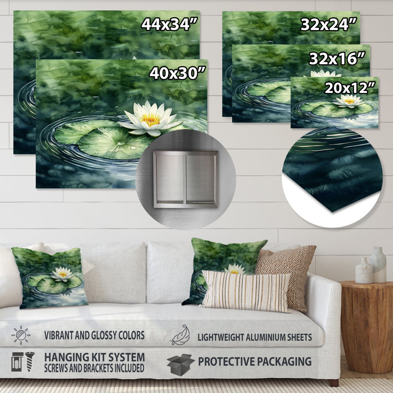 «Water Lotus Flower Tranquility At The Pond I», impression murale en métal sur lotus, H 34 po x l 44 po