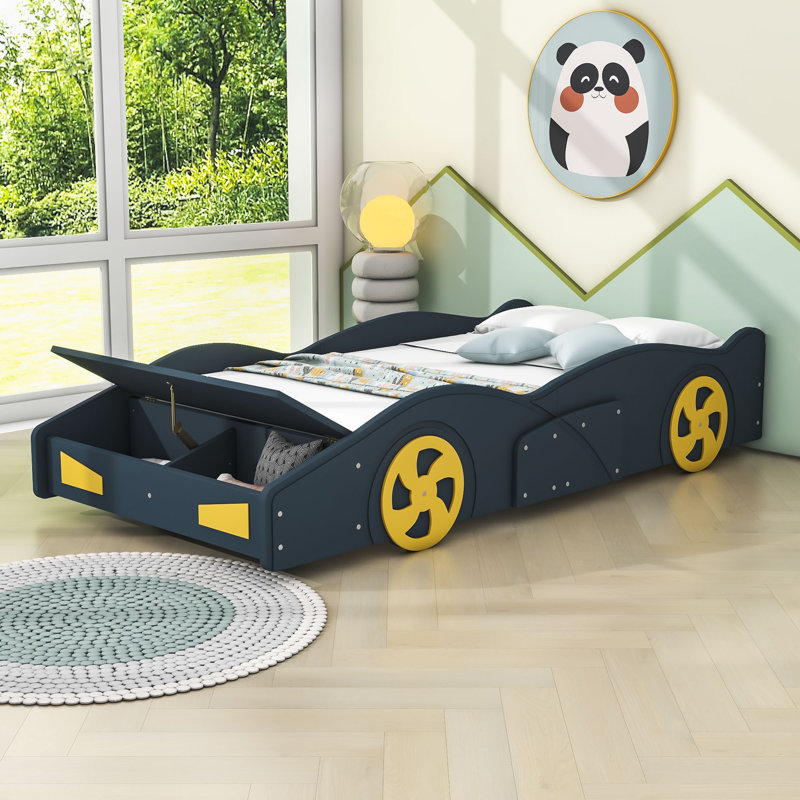 Advaith Twin Size Wood Platform Bed with Wheels and Storage Space, Dark Blue/Yellow