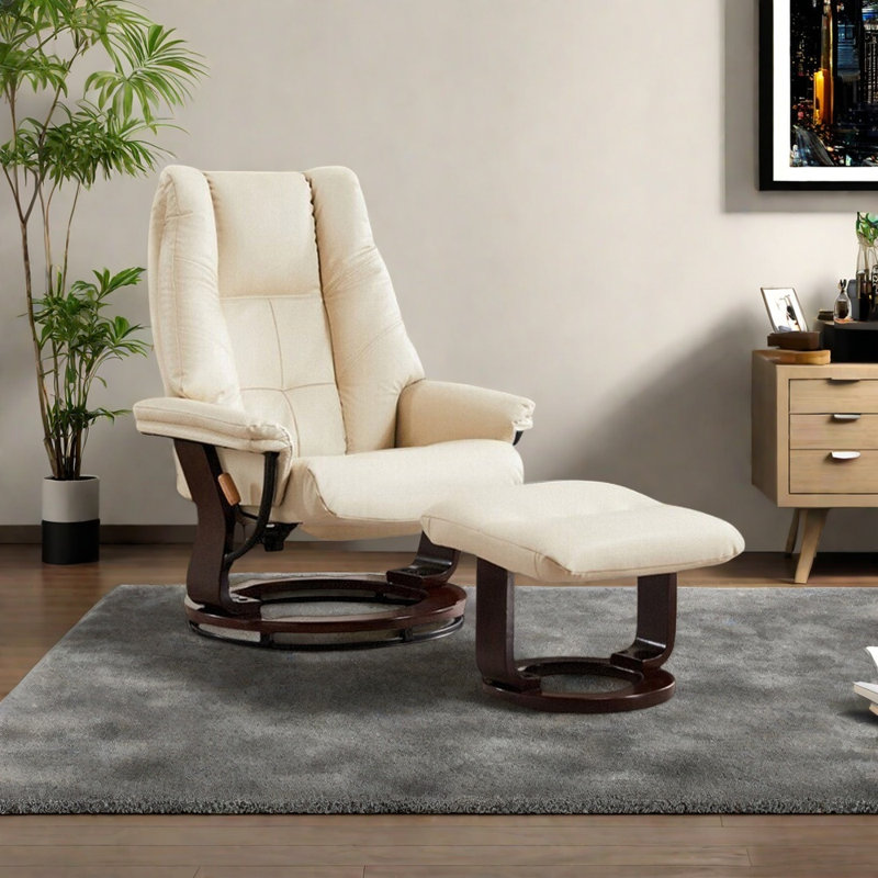 Chaise longue confortable en bois massif, Brun, Similicuir blanc cassé