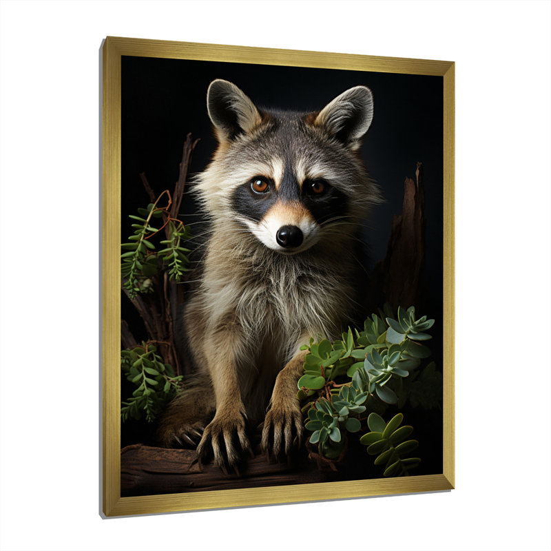 «Vibrant Raccoon Portrait I» sur toile, Encadrement doré, H 32 po x l 24 po x P 1 po